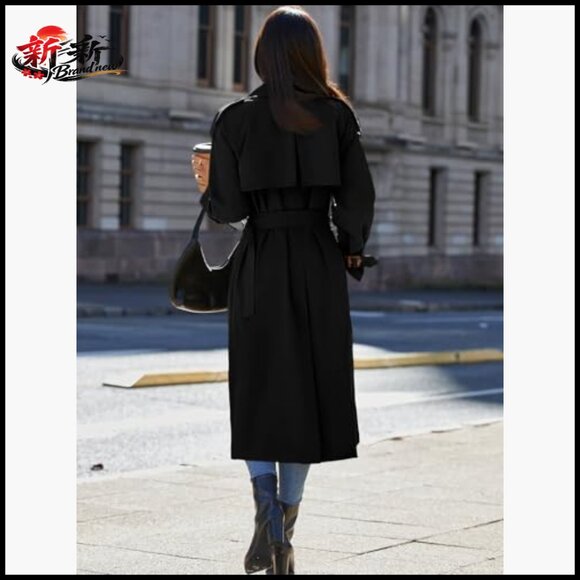 Long Trench Coat Double Breasted Classic Lapel Overcoat with Belt - Picture 6 of 7